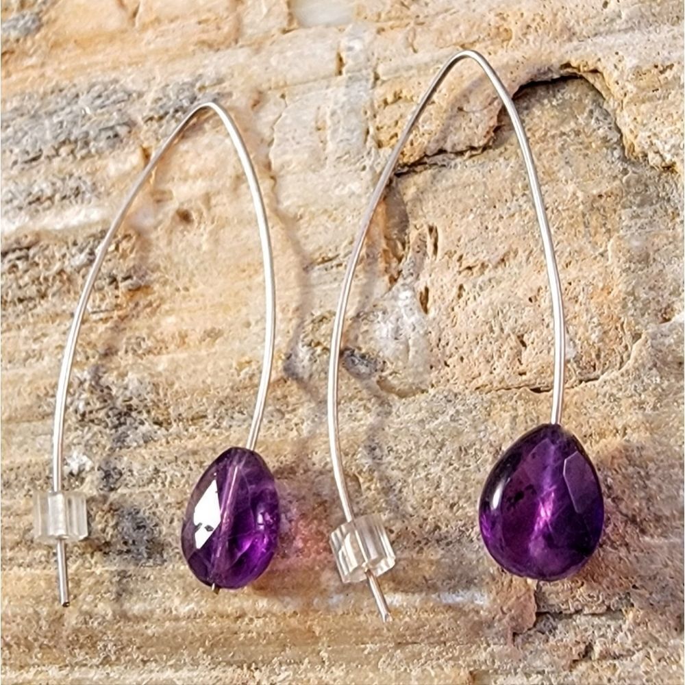 Sterling Amethyst Briolette Wire Drop Earrings